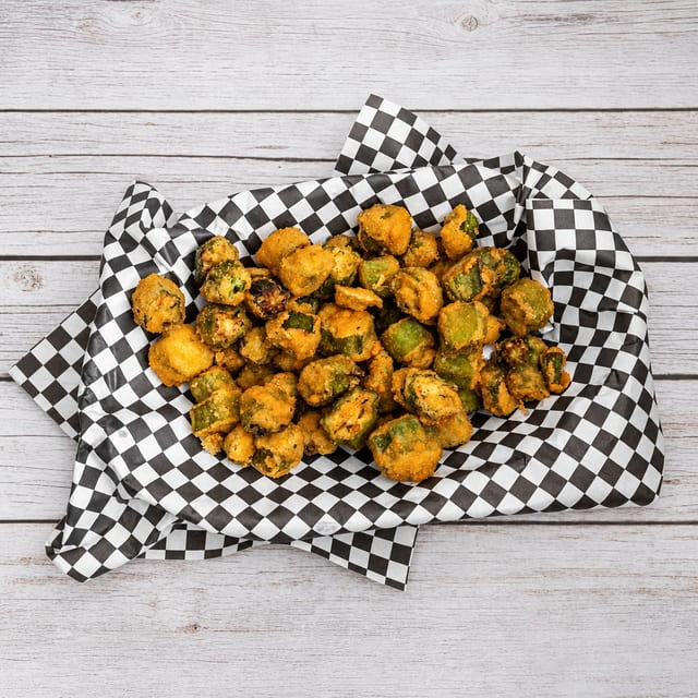 Fried Okra Appetizer Served In Boat.