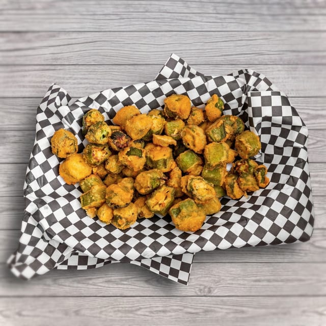 Fried Okra Appitizer Served In Boat.